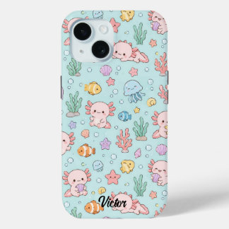 Kawaii Axolotl Ocean Pattern Phone Case iPhone 15ケース