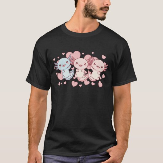 Kawaii Axolotl Trio with Hearts Tシャツ (正面)