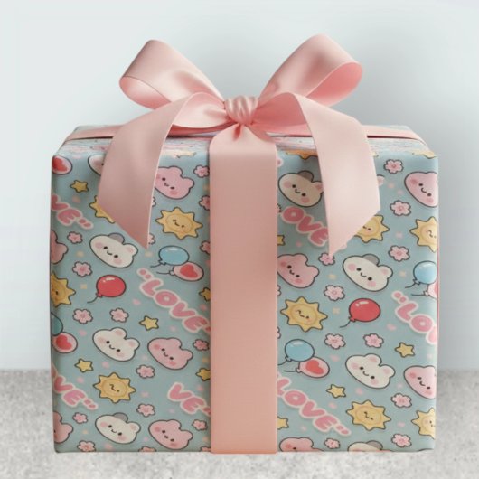Kawaii Balloons Bunny Cherry Blossoms Pattern ラッピングペーパー