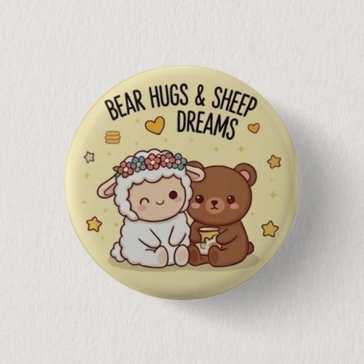Kawaii Bear and Sheep Best Friends Cute Pin Button 缶バッジ (正面)