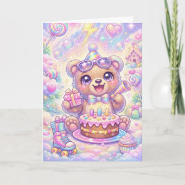 Kawaii Bear Birthday Pastel Rainbow Roller Skate カード
