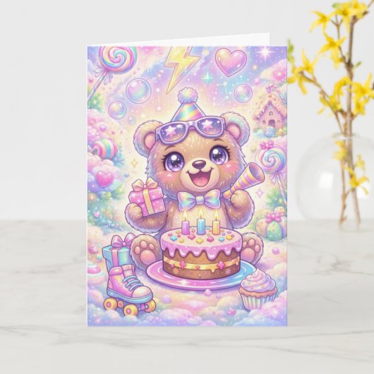 Kawaii Bear Birthday Pastel Rainbow Roller Skate カード (黄色い花)