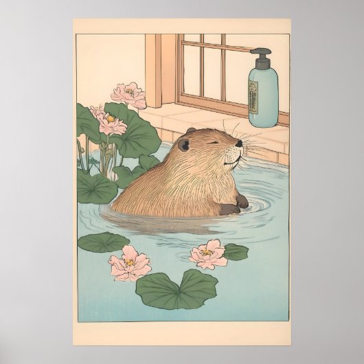 Kawaii Beaver Ukiyo-e Print Funny Bathroom Japandi ポスター (正面)