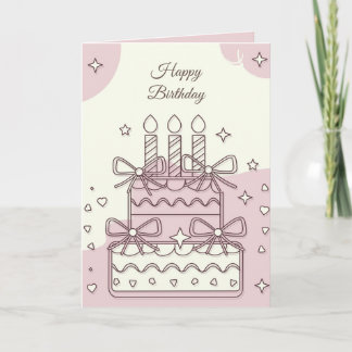 Kawaii Birthday Cake Illustration with Hearts カード