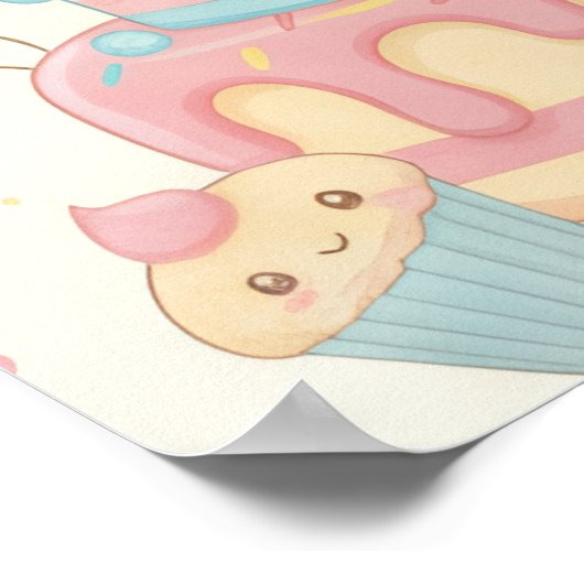 Kawaii Birthday - Cute Cake and Cupcakes ポスター (角)