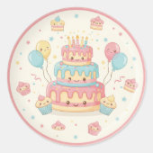 Kawaii Birthday - Cute Cake and Cupcakes ラウンドシール (正面)