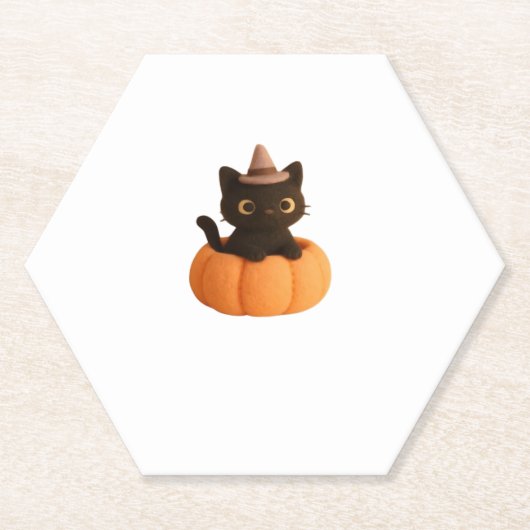 Kawaii Black Cat in Pumpkin Cute Felt Halloween D ペーパーコースター (正面)