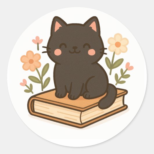 Kawaii Black Cat on Book – Cozy Sticker ラウンドシール (正面)