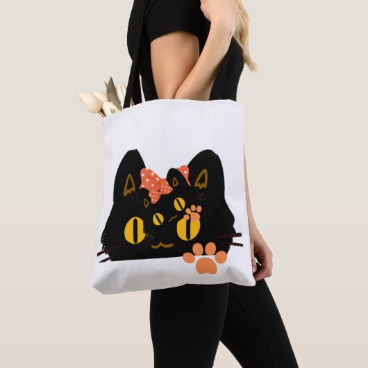 Kawaii Black Cat Peekaboo Art with Bow トートバッグ (クローズアップ)
