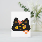 Kawaii Black Cat Peekaboo Art with Bow ポストカード (スタンド正面)