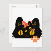 Kawaii Black Cat Peekaboo Art with Bow ポストカード (正面/裏面)