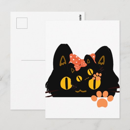Kawaii Black Cat Peekaboo Art with Bow ポストカード (正面/裏面)