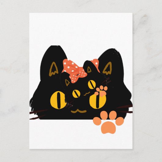 Kawaii Black Cat Peekaboo Art with Bow ポストカード (正面)