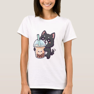 Kawaii Black Cat Sipping Boba Tea - Cute Anime Nek Tシャツ
