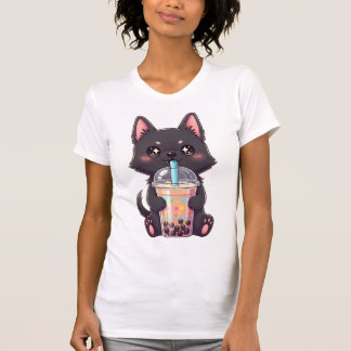 Kawaii Black Cat Sipping Boba Tea - Cute Anime Tシャツ