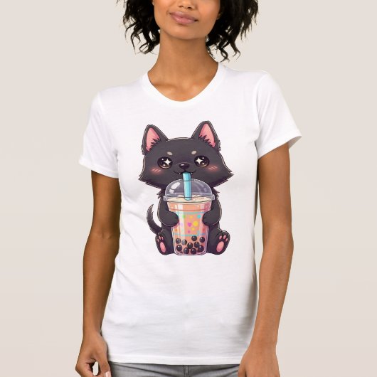 Kawaii Black Cat Sipping Boba Tea - Cute Anime Tシャツ (正面)