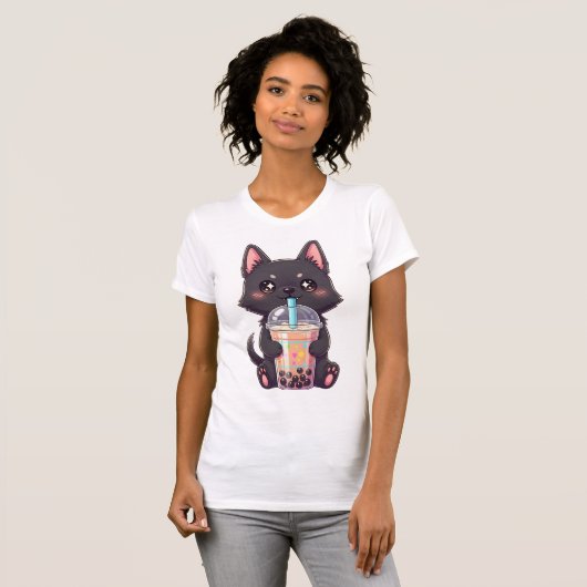 Kawaii Black Cat Sipping Boba Tea - Cute Anime Tシャツ (正面フル)