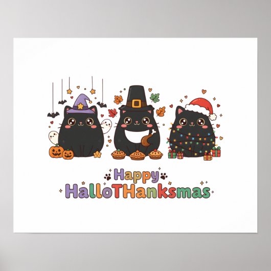 Kawaii Black Cats Happy HalloThanksmas ポスター (正面)