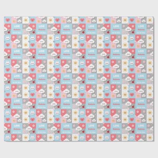 Kawaii Blossom Bunny Grid Pattern Frame ラッピングペーパー (フラット)