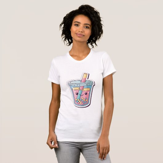 Kawaii Blue Boba Tea T-Shirt | Cute Smiling Bubble Tシャツ (正面フル)