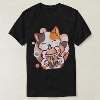 Kawaii Boba Cat Drinking Bubble Tea Tee Tシャツ