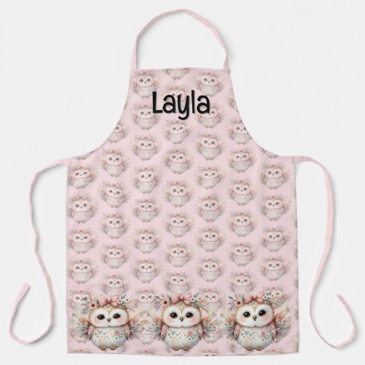 Kawaii Boho Owl Illustration Pink エプロン (正面)