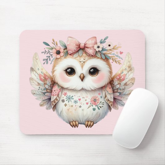Kawaii Boho Owl Illustration Pink マウスパッド (マウス)