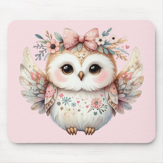 Kawaii Boho Owl Illustration Pink マウスパッド (正面)
