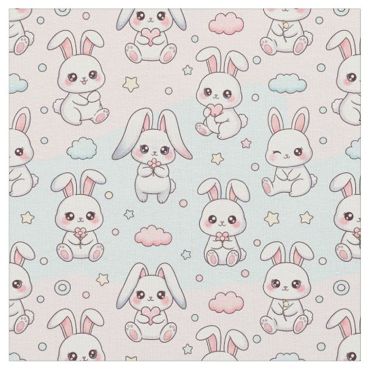 Kawaii Bunny Happy Rabbit ファブリック (クローズアップ)