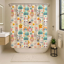 Kawaii Bunny Pastel Whimsical Kids Shower Curtain シャワーカーテン