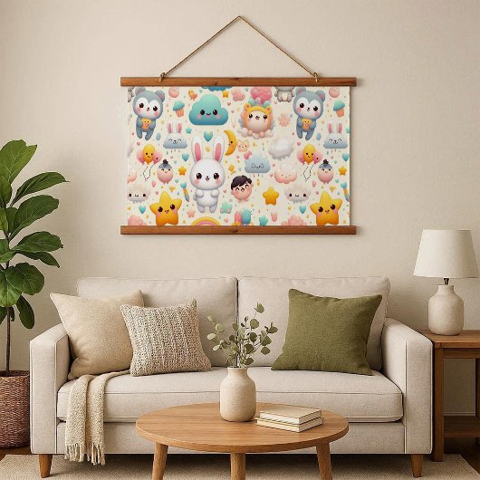 Kawaii Bunny Pastel Whimsical Wood Frame Tapestry 吊り下げ型タペストリー