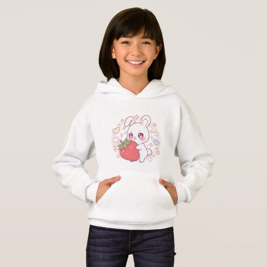 Kawaii Bunny with Strawberry – Cute Pastel Hoodie (正面フル)