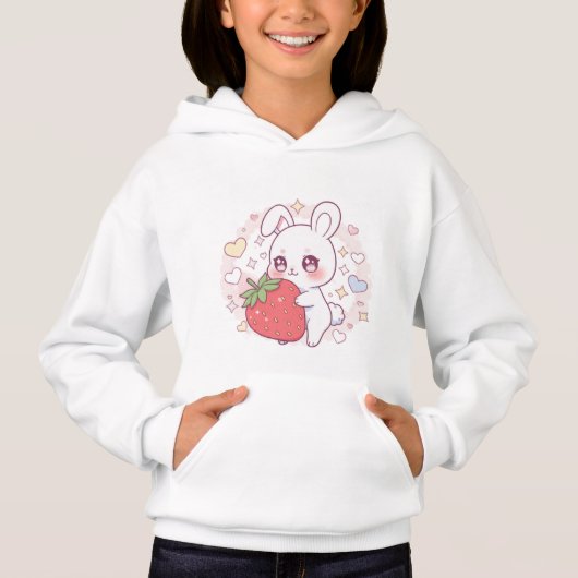 Kawaii Bunny with Strawberry – Cute Pastel Hoodie (正面)