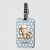 Kawaii Cactus Sleeping Puppy Dog Blue Polka Dot ラゲッジタグ (正面縦)