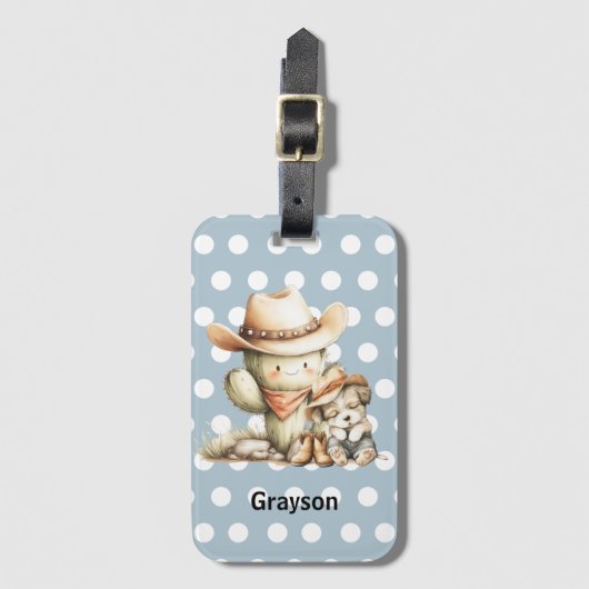 Kawaii Cactus Sleeping Puppy Dog Blue Polka Dot ラゲッジタグ (正面縦)