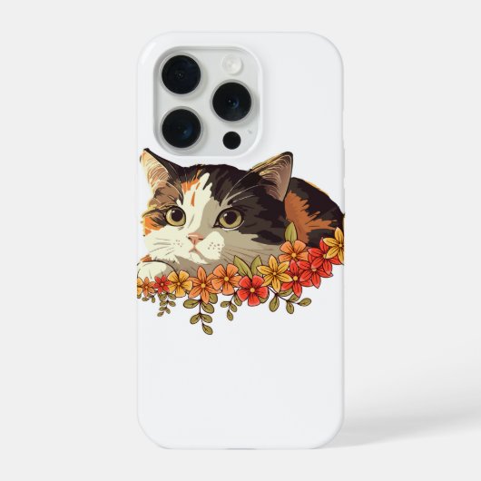 Kawaii Calico Cat Floral Peeking Art iPhoneケース (裏面)