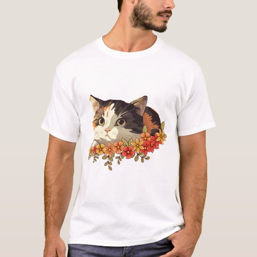 Kawaii Calico Cat Floral Peeking Art Tシャツ (正面)