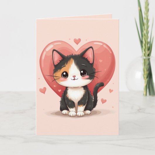 Kawaii Calico Cat Heart Valentine Design サンキューカード (正面)