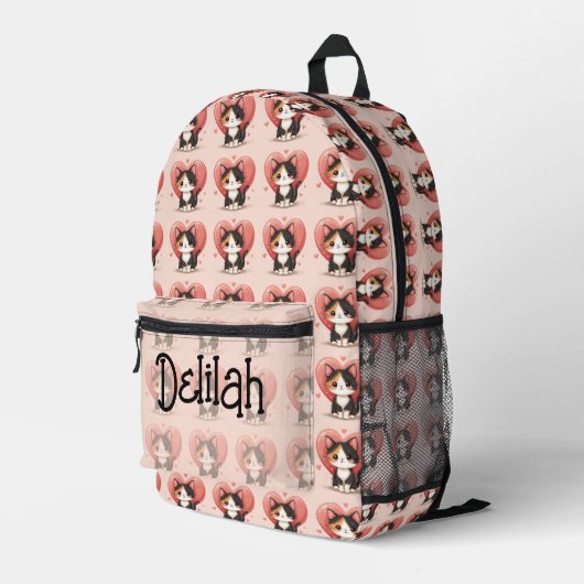 Kawaii Calico Cat Heart Valentine Design プリントバックパック (裏面右端)
