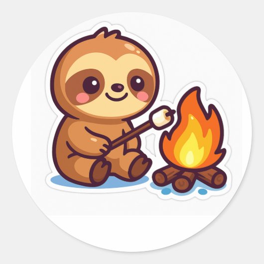 Kawaii Campfire Sloth Sticker ラウンドシール (正面)