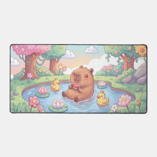 Kawaii capy in a pond デスクマット