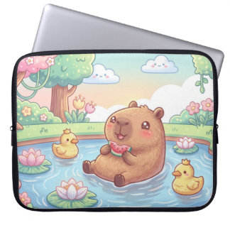 Kawaii capy in a pond ラップトップスリーブ