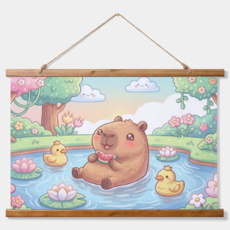 Kawaii capy in a pond 吊り下げ型タペストリー