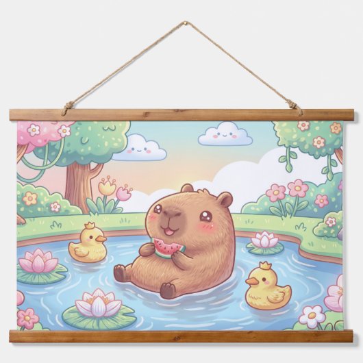 Kawaii capy in a pond 吊り下げ型タペストリー (正面)