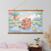 Kawaii capy in a pond 吊り下げ型タペストリー (寝室)