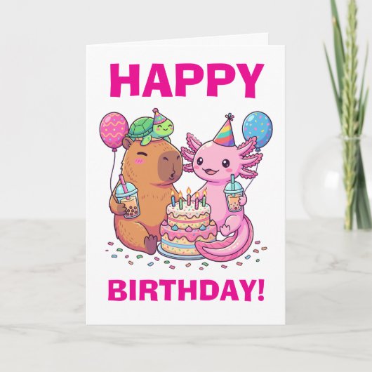 Kawaii Capybara and Axolotl Birthday Party カード (正面)