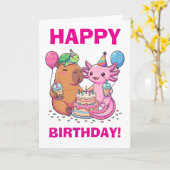 Kawaii Capybara and Axolotl Birthday Party カード (黄色い花)