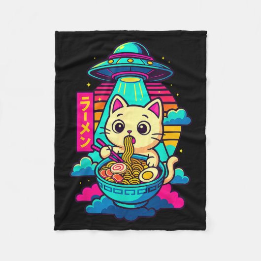 Kawaii Cat Alien Ufo Ramen Graphic Tee Funny Japan フリースブランケット (正面)