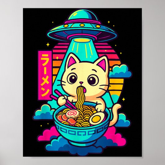 Kawaii Cat Alien Ufo Ramen Graphic Tee Funny Japan ポスター (正面)