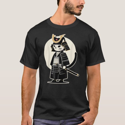 Kawaii Cat Anime Japanese Retro Samurai Novelty Fu Tシャツ (正面)